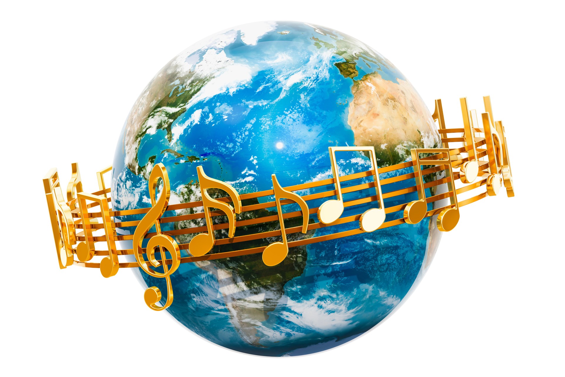 Earth Globe with musical notes around, 3D rendering isolated on white background.